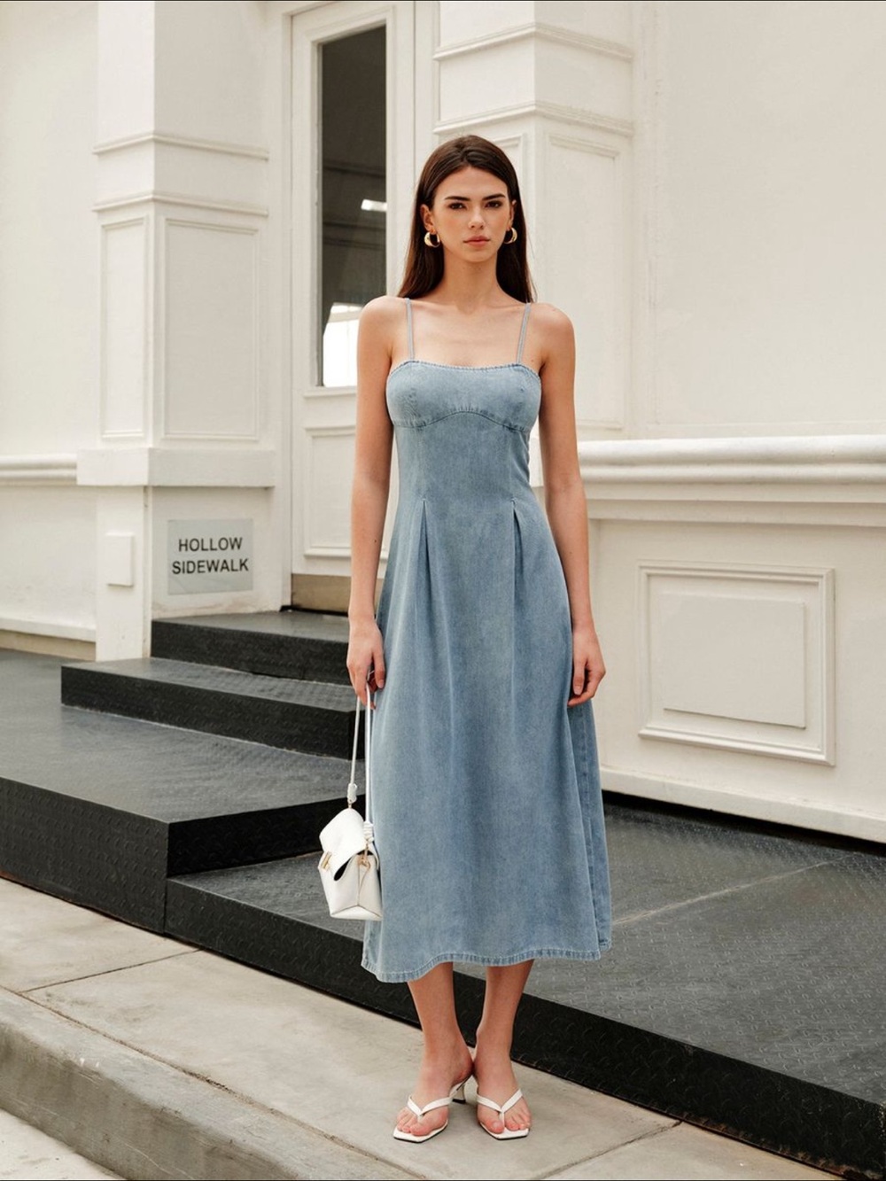 Classic Light Blue Denim Midi Dress with Spaghetti Straps
